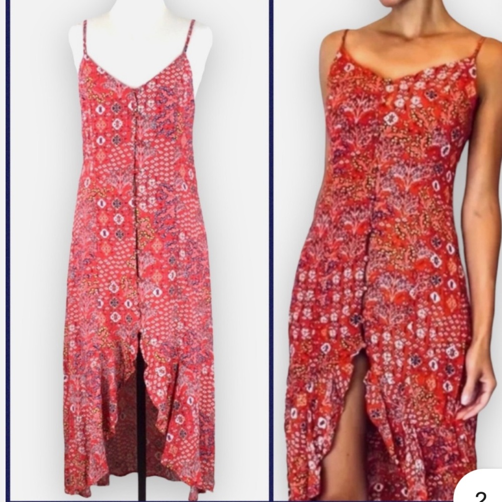 Red Floral Print Midi Slip Dress with Front Slit